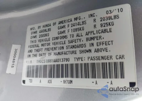 2010 Honda Accord 2.4 Ex-L from USA, damaged, VIN 1HGCS1B81AA013790